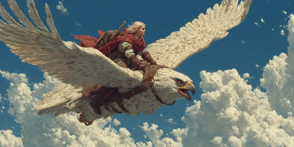 A blonde woman, clad in a red cloak and leather armor, rides a massive, white eagle soaring through a vibrant blue sky.  Fluffy white clouds drift below, creating a dramatic contrast against the bird's powerful wings. The woman grips the reins, her gaze directed towards the horizon, suggesting a journey of epic proportions.  The eagle's harness is detailed and intricately crafted, adding to the fantastical nature of the scene.
