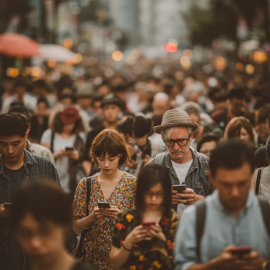 A dense crowd of people, mostly blurred, fills a city street.  In the foreground, several individuals are engrossed in their smartphones, their faces partially obscured.  A man in a hat and a woman in a floral dress are prominently featured, focused on their devices. The overall atmosphere is one of anonymity and individual detachment within a large, bustling urban environment.