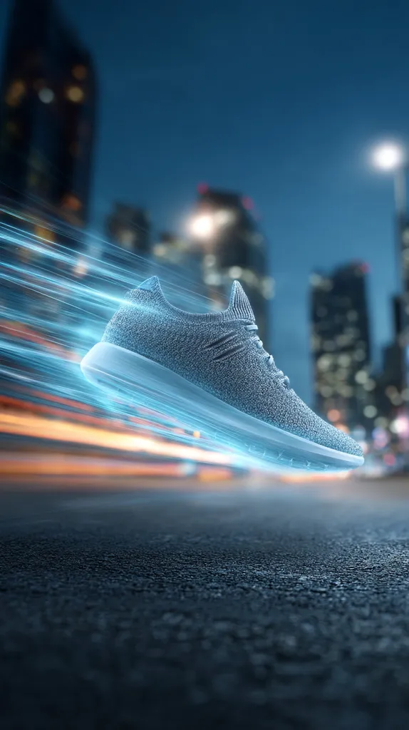 A light grey knitted running shoe appears to be moving at high speed across a city street at night.  Blurred streaks of light suggest rapid motion. The shoe's design is modern and sleek, emphasizing its athletic purpose. The background features a cityscape with tall buildings and illuminated streetlights. The overall image evokes feelings of energy, speed, and urban dynamism.