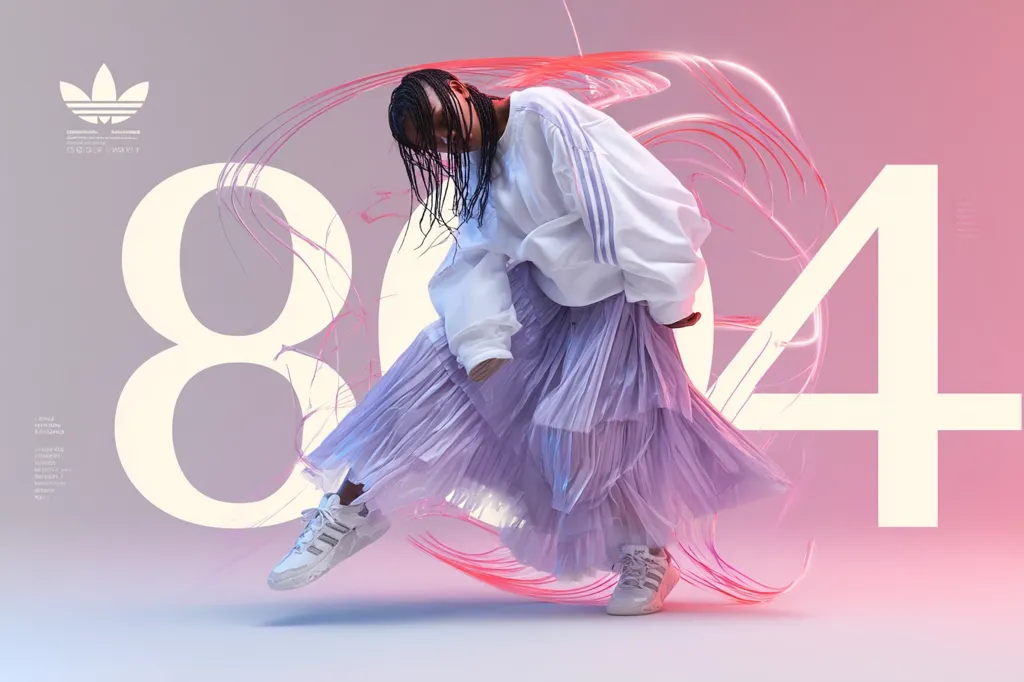 A young woman, wearing a white Adidas sweatshirt and a layered lavender pleated skirt, dynamically poses against a pink and purple backdrop.  She sports Adidas sneakers and her dark braids cascade around her.  The number "804" is prominently displayed, overlaid with abstract red brushstrokes, suggesting movement and energy. The Adidas logo is subtly positioned in the upper left corner.
