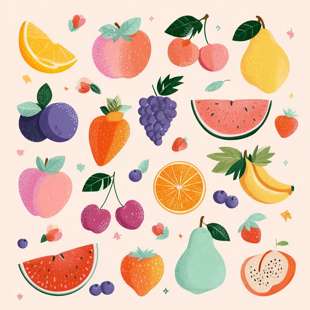A vibrant collection of fruits is depicted against a soft pink background.  The illustration features a variety of fruits, including oranges, peaches, plums, strawberries, cherries, grapes, watermelon, bananas, and pears, all rendered in a stylized, slightly textured manner with a pastel color palette.  Small details like flowers and blueberries add to the cheerful and whimsical design.