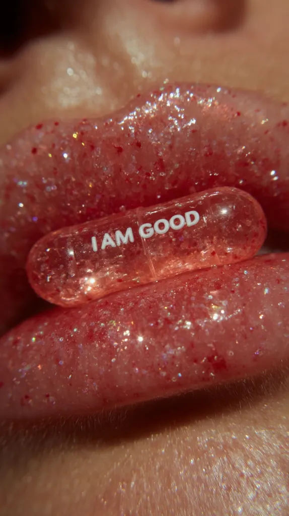 Close-up of glittering pink lips holding a translucent capsule with "I AM GOOD" printed on it.  The image has a dreamy, surreal quality, focusing on the texture of the lips and the pill.  The overall aesthetic is visually striking and suggestive of self-care or positive affirmation.