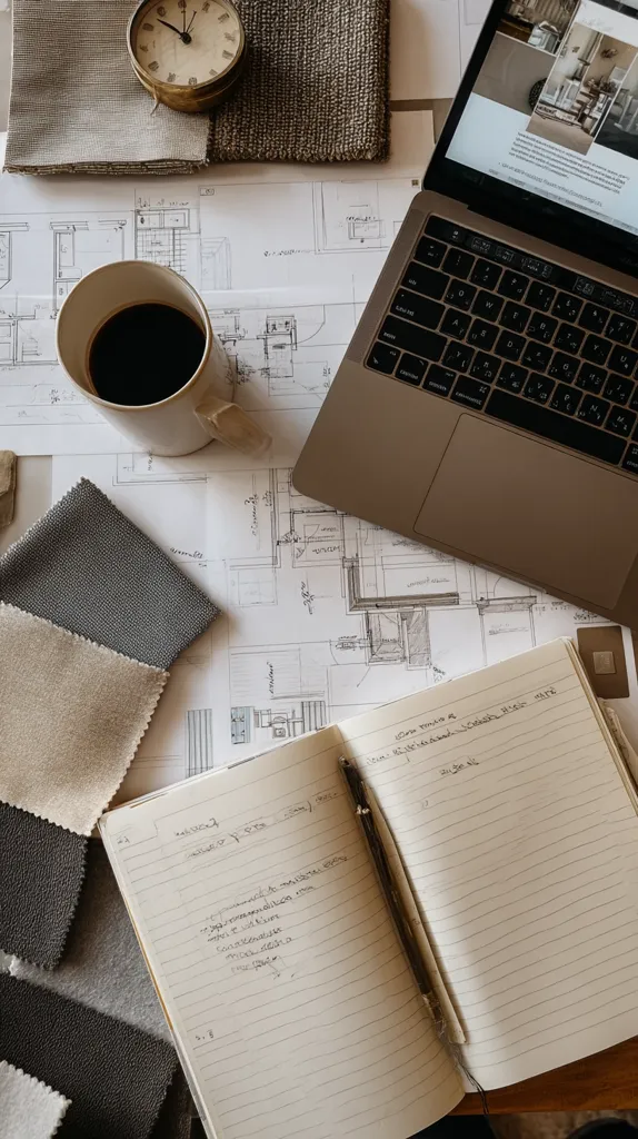 A flat lay showcasing an interior design project.  Architectural blueprints are spread across a table alongside fabric swatches in neutral tones.  A laptop displays a design website, a notebook details material choices, and a coffee cup sits nearby, all contributing to a mood of focused creativity. A vintage clock adds a touch of classic elegance to the scene.
