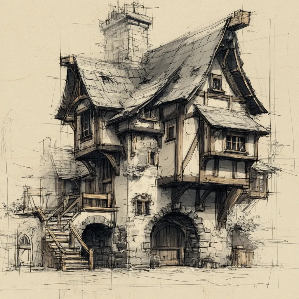 A detailed sketch depicts a medieval-style building, rendered in grayscale.  The structure features a steeply pitched roof, exposed timber framing, and stone walls.  A prominent external staircase leads to an upper level.  Arched entryways are visible at ground level, suggesting a shop or dwelling with potential storage. The style evokes a quaint, possibly fantasy, European village setting.  The artist's lines suggest both structure and a sense of age.