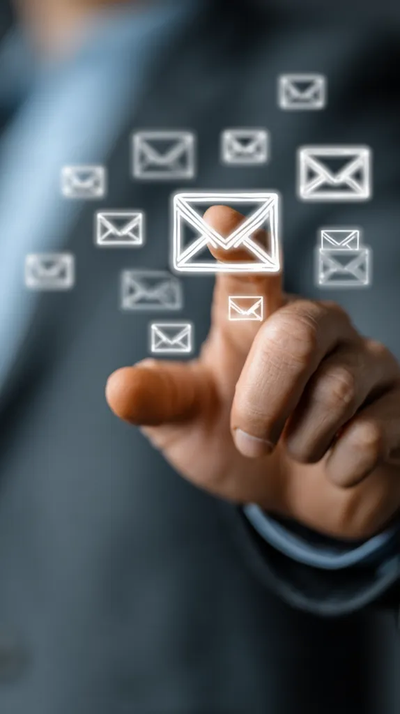 A close-up image shows a person's hand interacting with a digital interface.  Multiple email icons float around a central, larger email icon, suggesting the management or selection of emails. The person's finger appears to be touching or selecting one of the digital email messages. The background is blurred, focusing attention on the hand and the email icons.  The scene implies digital communication and email management.