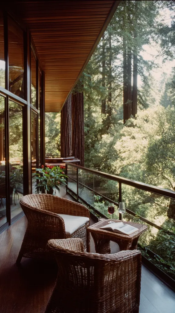A tranquil outdoor patio, nestled within a redwood forest, features wicker chairs and a small table.  Large windows offer panoramic views of the towering trees. A glass of wine and a book rest on the table, suggesting a peaceful and secluded setting. The wooden structure of the patio complements the natural environment.