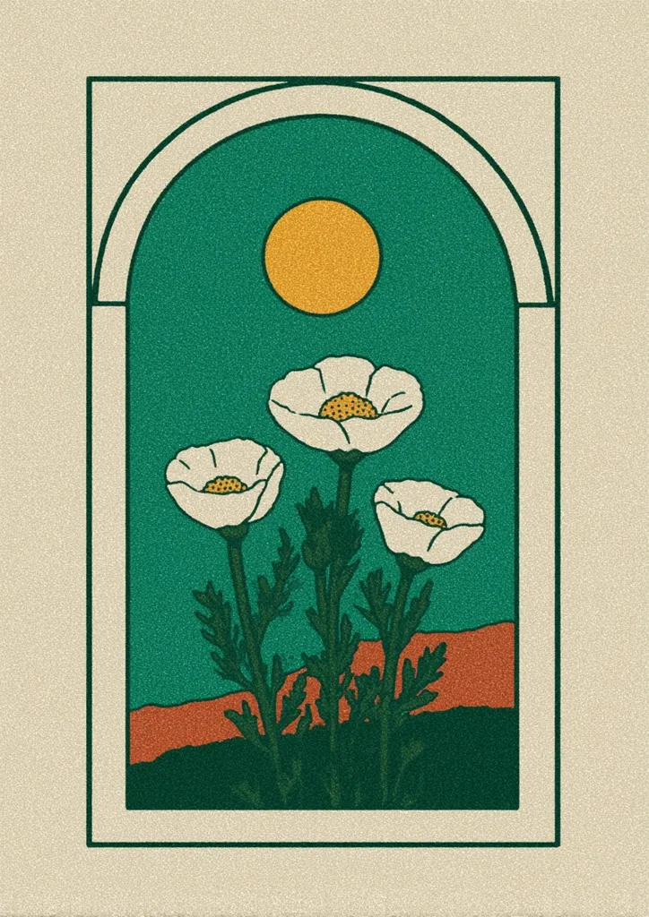 A stylized illustration features three white flowers with yellow centers, reminiscent of poppies, set against a teal background within an arched frame.  A simple yellow sun is positioned above the blossoms.  The base of the image shows a muted orange and dark green landscape. The overall aesthetic is mid-century modern with a muted color palette.