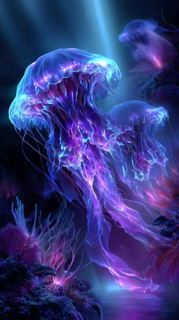 A mesmerizing digital artwork depicts bioluminescent jellyfish in vibrant blues and purples.  Their translucent bodies glow, illuminating the surrounding underwater scene.  Intricate coral formations in shades of pink and purple add depth and texture to the fantasy-like ocean environment.  Beams of light pierce the water, enhancing the ethereal quality of the image.