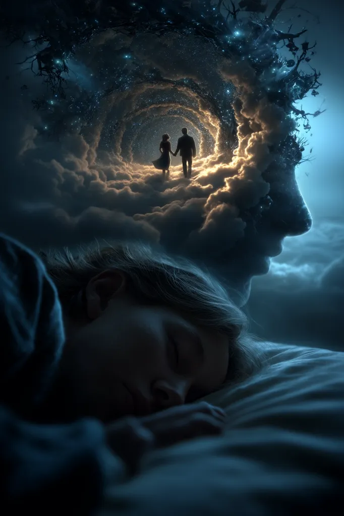 A woman sleeps soundly, her dream a surreal landscape.  Within her mind's eye, a celestial pathway winds through clouds, leading to a silhouetted couple walking hand-in-hand towards a luminous portal. The image blends the ethereal beauty of a dream with the peaceful stillness of sleep, creating a captivating juxtaposition of reality and fantasy.