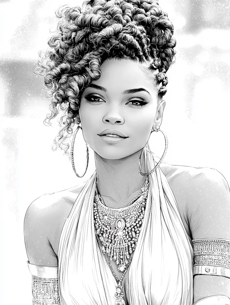A black and white illustration depicts a woman with voluminous, curly hair styled up. She wears large hoop earrings and an ornate necklace, along with a sleeveless, halter-neck top and jeweled arm cuffs.  Her expression is serene and confident. The style is reminiscent of a fashion illustration, with detailed shading and linework.