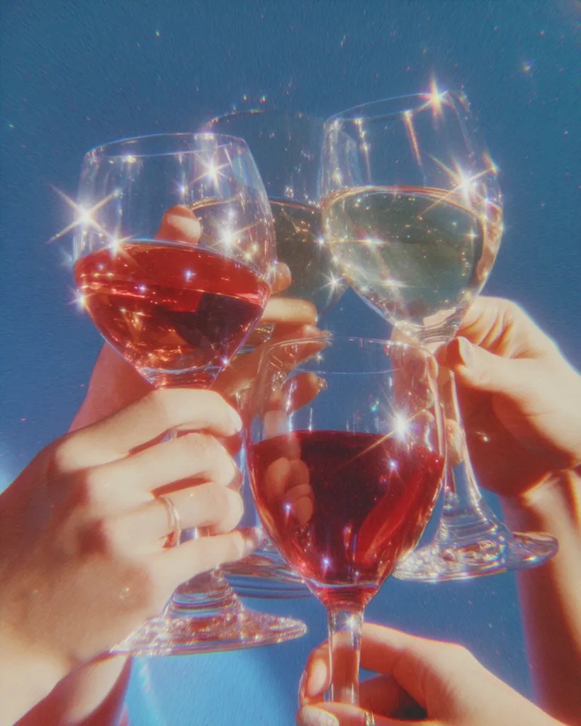 Four hands clink wine glasses filled with rosé and white wine against a vibrant blue, sparkly background. The image is stylized with a dreamy, ethereal filter, enhancing the celebratory mood.  The warm lighting and glistening glasses create a feeling of joy and togetherness.  A simple gold ring is visible on one of the hands.