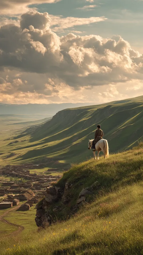 A lone horseman sits atop a grassy hill, overlooking a sprawling valley dotted with small houses.  Rolling green hills and a dramatic, cloudy sky form a breathtaking backdrop. The scene evokes a sense of serenity and isolation, capturing the vastness of the landscape.  The light suggests either sunrise or sunset, casting a warm glow across the scene.