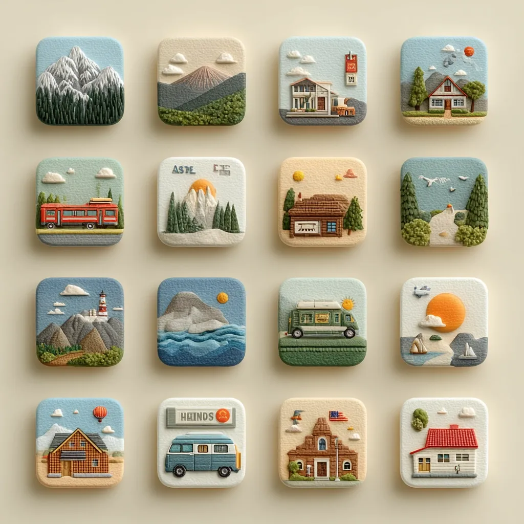 A collection of miniature, square-shaped artworks depict idyllic scenes.  Each piece features a charming landscape or building, crafted in a textured, three-dimensional style reminiscent of clay or polymer modeling. The scenes range from mountains and coastlines to quaint houses and campervans, evoking a sense of travel and peaceful settings.  The overall aesthetic is calming and nostalgic.