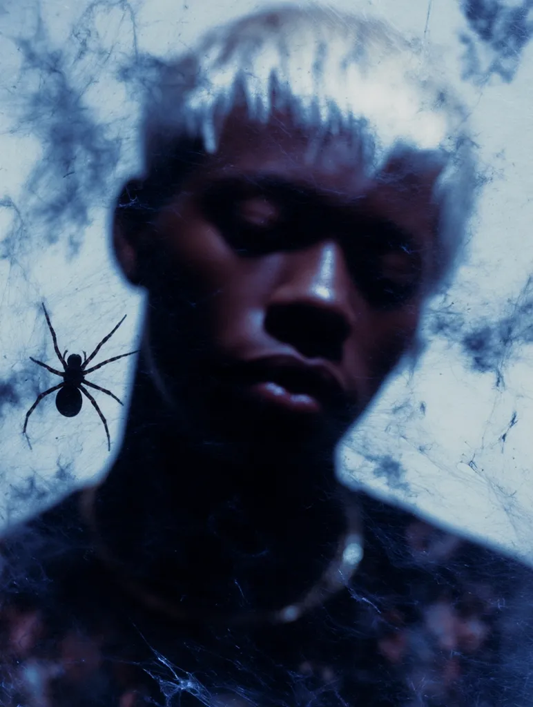 A stylized portrait of a young person with bleached hair, their face blurred and overlaid with a textured, spiderweb-like effect.  A large, black spider is prominently featured near their shoulder, adding to the image's mysterious and slightly unsettling atmosphere. The overall color palette is cool-toned, predominantly blues and blacks. The photo appears to be digitally manipulated to achieve its ethereal quality.