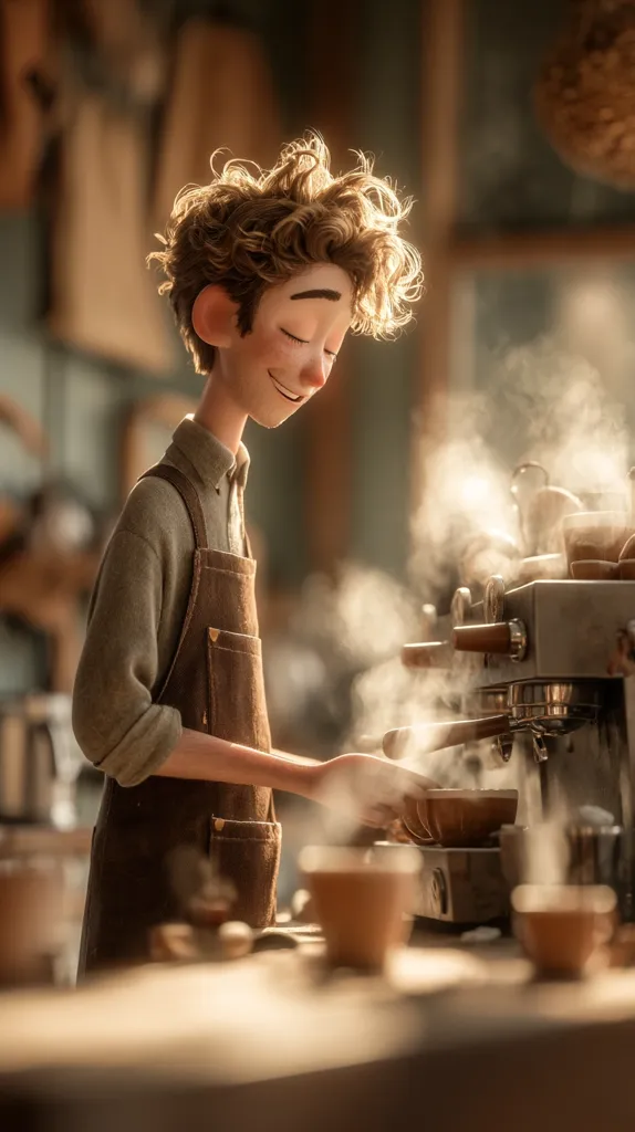 A stylized animated barista, with curly brown hair and a warm smile, expertly prepares coffee.  Steam rises from the espresso machine as he pours a drink into a cup. He wears a brown apron over a muted green shirt.  The scene is bathed in warm, golden light, creating a cozy atmosphere in a coffee shop setting.
