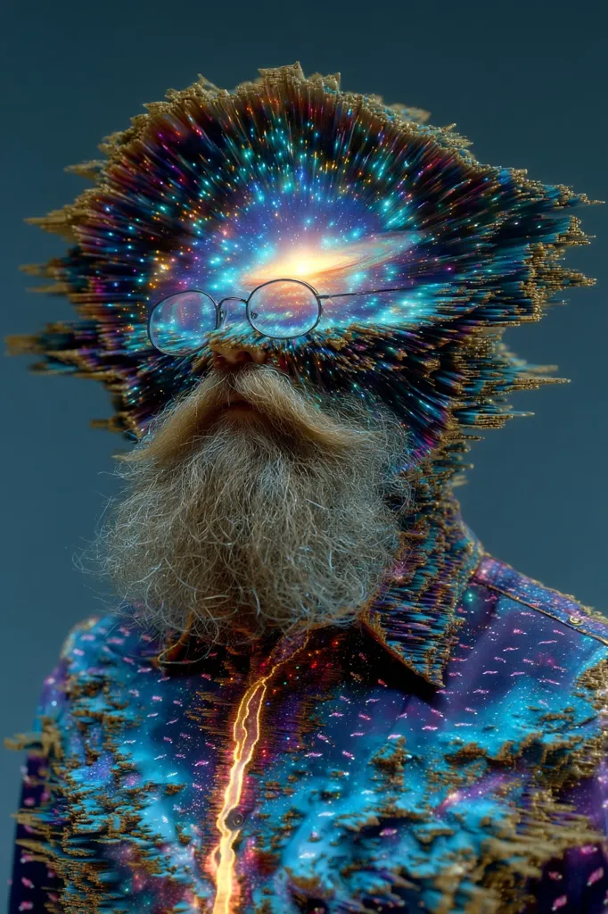 A stylized portrait of a bearded man wearing round glasses. His form is fragmented and overlaid with a vibrant, cosmic nebula, suggesting a connection between the man and the universe.  The image uses a digital art style with a textured, almost glitching effect, emphasizing the surreal and otherworldly elements.  The colors are rich and varied, creating a visually striking composition.