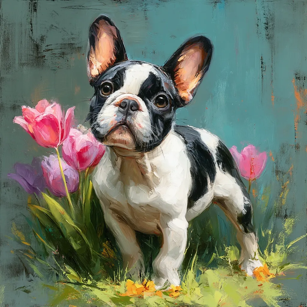 A charming painting depicts a black and white French bulldog puppy standing amidst a vibrant cluster of pink and purple tulips.  The puppy's expressive eyes and alert posture are captured in a painterly style, with visible brushstrokes adding texture to the fur and flowers. The background is a muted teal, providing a soft contrast to the lively foreground.  The overall impression is one of springtime freshness and canine charm.