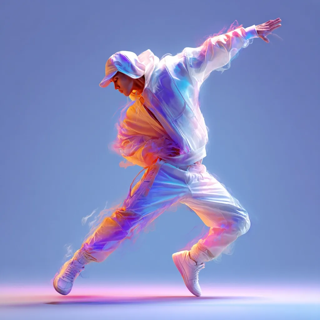 A dynamic image of a breakdancer in mid-leap, captured against a vibrant purple-blue backdrop.  The dancer, clad in iridescent white clothing, appears almost ethereal, with streaks of vibrant color suggesting motion blur.  The pose is energetic and expressive, highlighting the fluidity and athleticism of the dance style.  The overall effect is visually striking and modern.