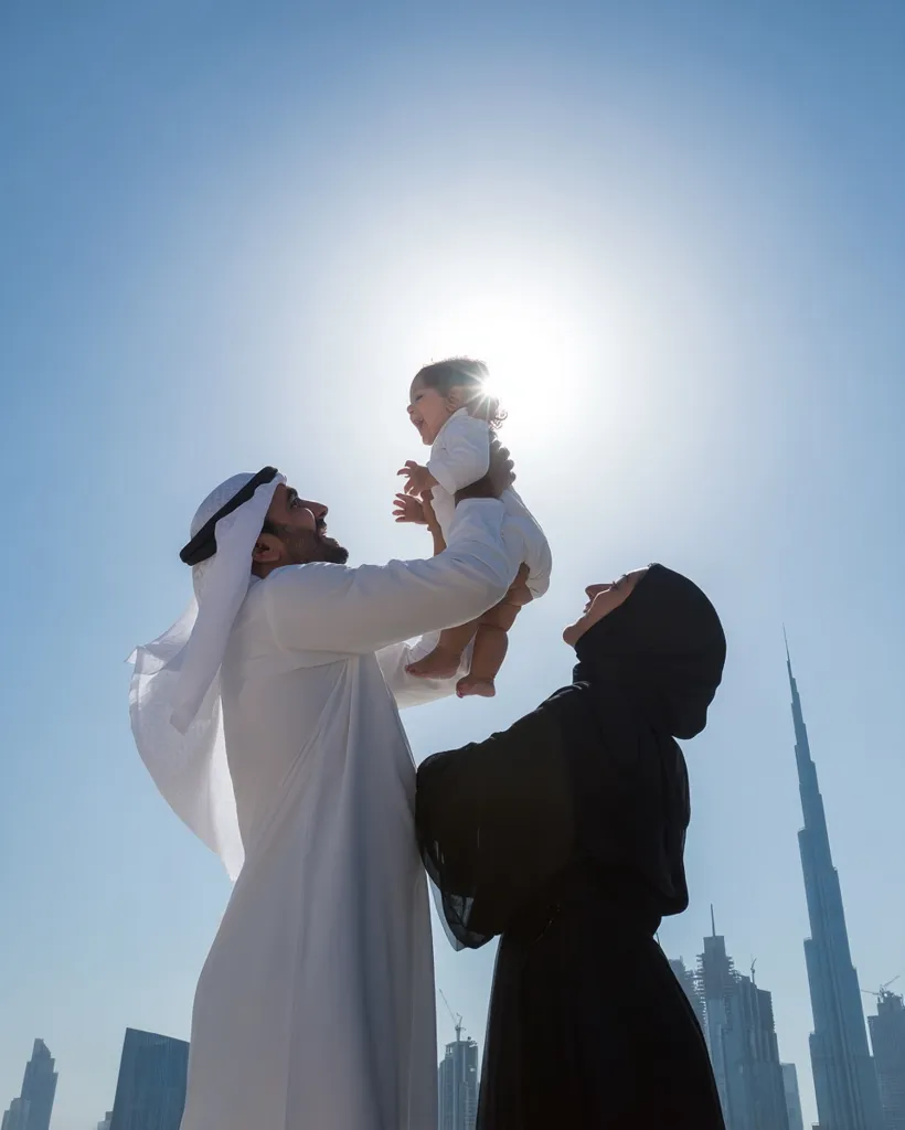 A Middle Eastern family enjoys a sunny day against the backdrop of Dubai's skyline. The father, in a traditional white thawb, playfully lifts their baby high, while the mother, elegantly dressed in a black abaya, smiles, sharing the joyful moment. The bright sun illuminates the scene, highlighting the family's happiness and the impressive cityscape.