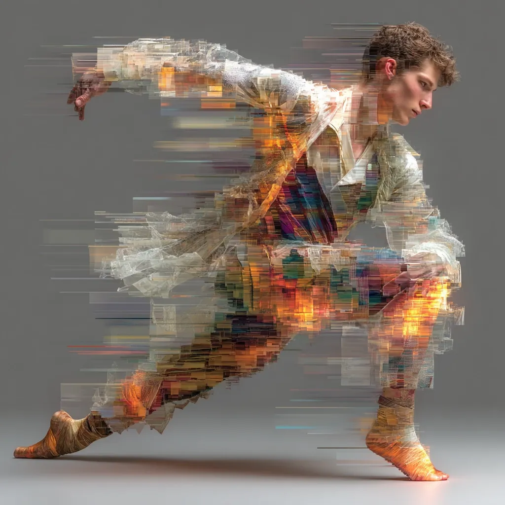 A stylized image depicts a male dancer in motion.  His body is fragmented and layered with streaks of color, creating a sense of speed and energy.  The dancer's pose suggests a powerful leap or turn, emphasizing fluidity and grace.  Warm oranges and yellows contrast with cooler whites and grays in the fragmented clothing, enhancing the dynamic composition.