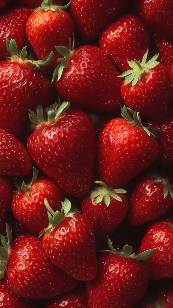 A close-up shot reveals a vibrant pile of ripe strawberries.  Their deep red color and glossy sheen are prominent, highlighting the individual textures and shapes of the berries.  Green caps and leaves peek out from between the tightly clustered fruit, adding a touch of freshness to the image.  The overall impression is one of juicy abundance and summer sweetness.