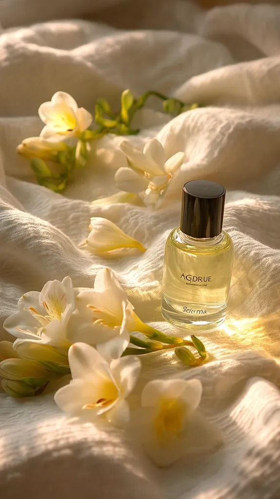 A bottle of AGDRUE Seluma perfume sits on a soft, white fabric amongst delicate, pale yellow freesias.  The sunlight bathes the scene in a warm glow, highlighting the perfume's elegant simplicity and the flowers' delicate beauty. The overall aesthetic is serene and luxurious, suggesting a moment of quiet self-care.