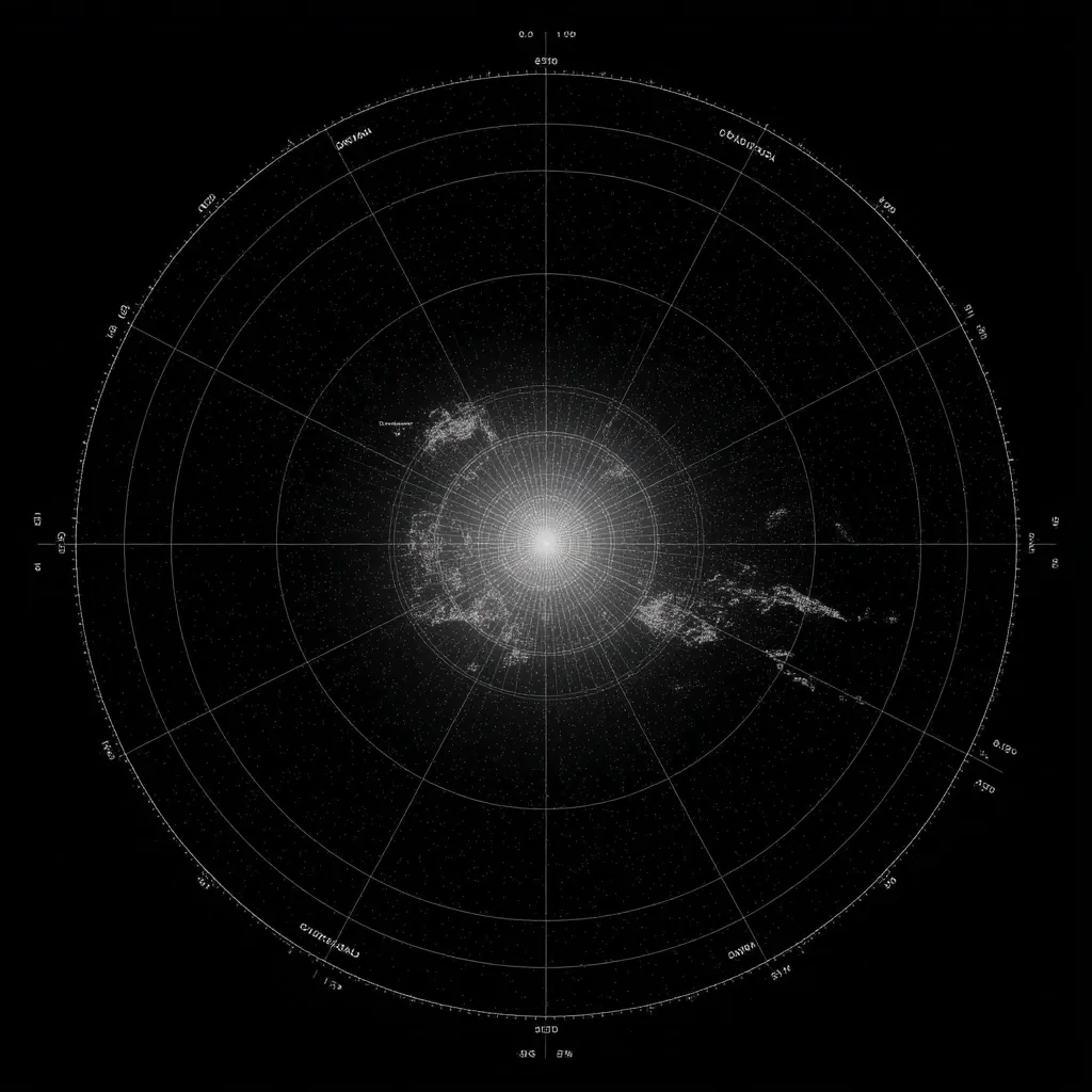 A grayscale polar coordinate chart displays a bright central point surrounded by diffuse, speckled data points, possibly representing astronomical data.  Concentric circles and radial lines form a grid.  Labels around the perimeter suggest degrees and distances, with faint text indicating locations.  The overall aesthetic is scientific and minimalist, suggesting a visualization of a celestial object or phenomenon.