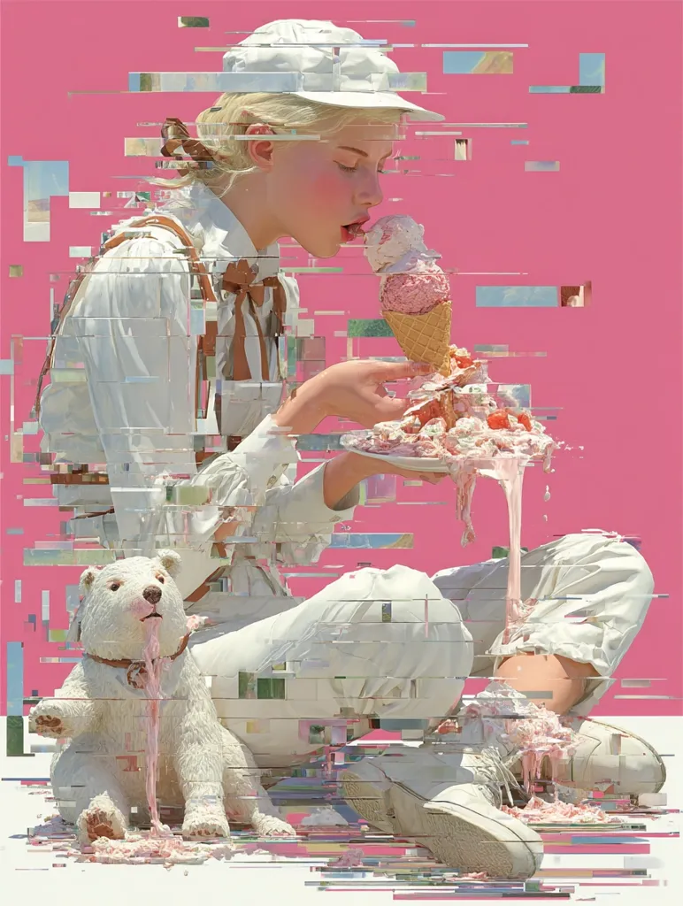 A young woman, dressed in white, sits on a pink background, enjoying an ice cream cone and a large dessert.  A polar bear sits beside her, also covered in melted pink confectionery. The image is digitally manipulated, showing a glitch effect with fragmented lines and pixelation throughout.  The overall aesthetic is surreal and slightly unsettling, with a focus on vibrant pink and white tones.