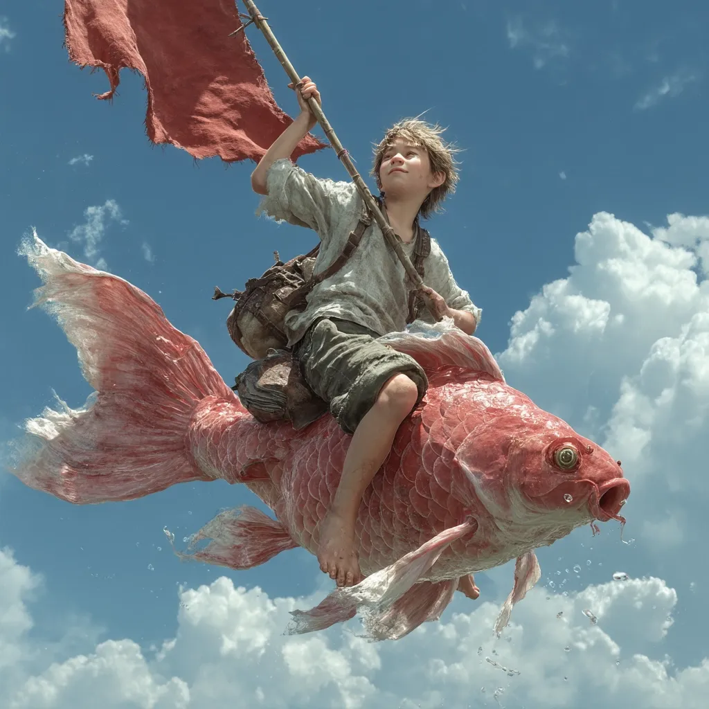 A young boy, carrying a backpack and holding a tattered red flag on a pole, sits atop a giant, pinkish-red koi fish soaring through a bright blue sky filled with fluffy white clouds.  The scene is surreal and whimsical, suggesting a fantastical journey or adventure.  Water droplets trail behind the fish, adding to the sense of movement and wonder.