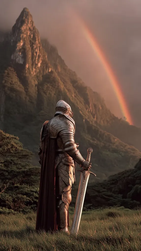 A lone knight in shining armor stands amidst a verdant field, his back to the viewer. He holds a long sword, gazing towards a majestic mountain range. A vibrant rainbow arcs across the sky, creating a dramatic and ethereal backdrop. The scene evokes a sense of solitude, perhaps signifying contemplation or a moment of quiet reflection after a battle or journey. The knight's attire and the landscape combine fantasy and realism, creating a captivating image.
