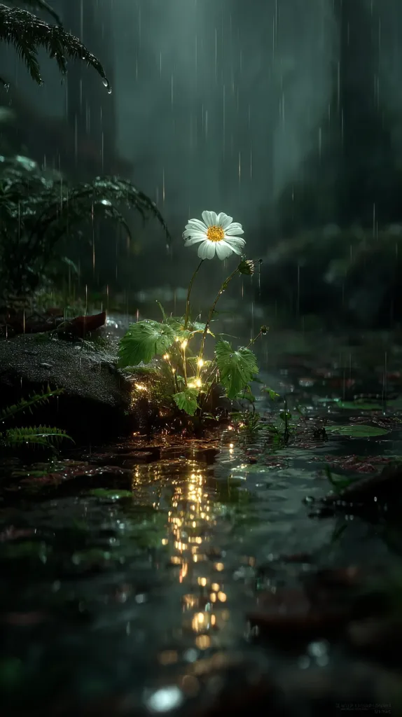 A single daisy blooms in a dark, rain-soaked forest.  Rain falls gently around it, reflecting golden light from an unseen source. The flower is nestled amongst lush green leaves, growing from a rock beside a small, still pool of water. The overall mood is serene and mystical. The image evokes a sense of quiet beauty amidst the elements.