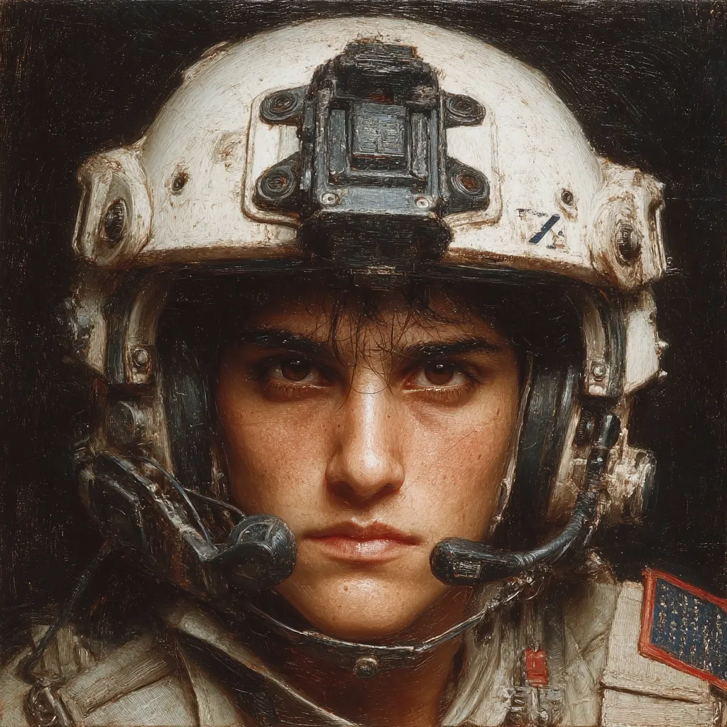 A close-up oil painting depicts a young soldier's intense gaze.  The soldier, likely female, wears a worn, off-white combat helmet with communication gear. Her expression is serious and determined. The painting's dark background contrasts with the detailed rendering of the helmet and the soldier's face, highlighting her focus and resilience.  The texture of the paint is visible, adding depth and realism.