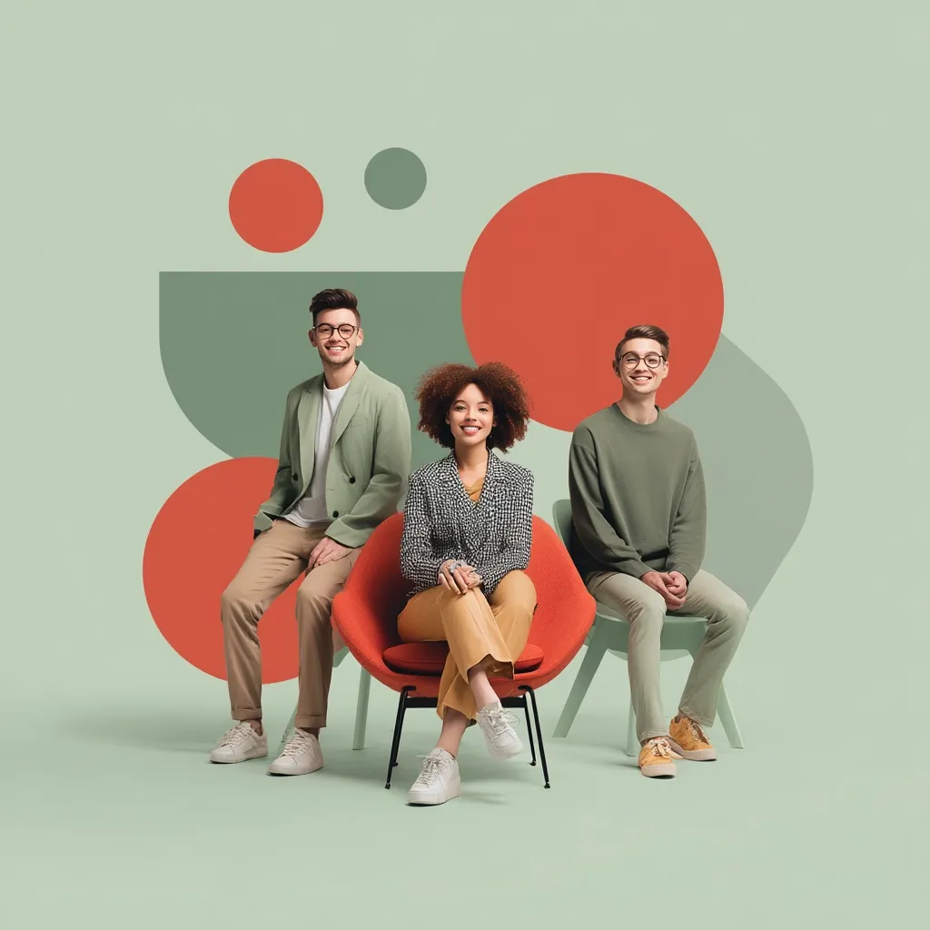 Three young adults, a man and two women, are seated against a pastel green background adorned with abstract red and green shapes.  The woman in the center sits in a vibrant orange chair, while the men flank her, casually seated on simple chairs. All three are dressed in muted, earth-toned clothing and wear glasses.  They project a friendly, approachable demeanor.