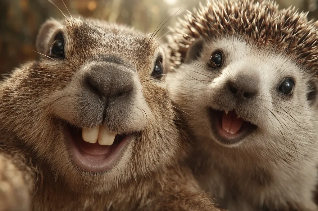 A close-up selfie-style shot features a marmot and a hedgehog, both with wide, joyful expressions. The marmot, in the foreground, has its large teeth visible in a broad smile.  The hedgehog, slightly behind and to the side, mirrors the happy expression.  Both animals appear incredibly friendly and engaging, creating a heartwarming and humorous image.