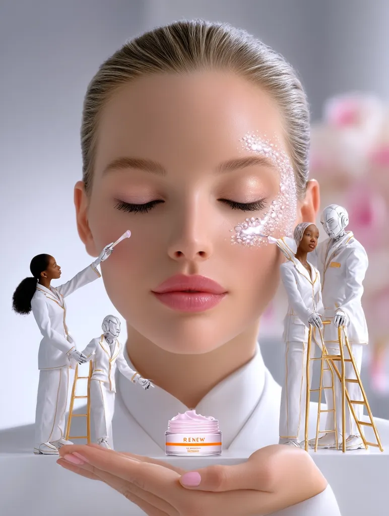 A woman's face is the central focus, with miniature figures applying a cream-like substance.  The figures, dressed in white, use small ladders and tools, suggesting meticulous skincare application. A jar of "RENEW" face cream sits on the woman's palm, emphasizing the product's luxurious and technologically advanced aspects. The overall image is clean, modern, and evokes a sense of high-end skincare.
