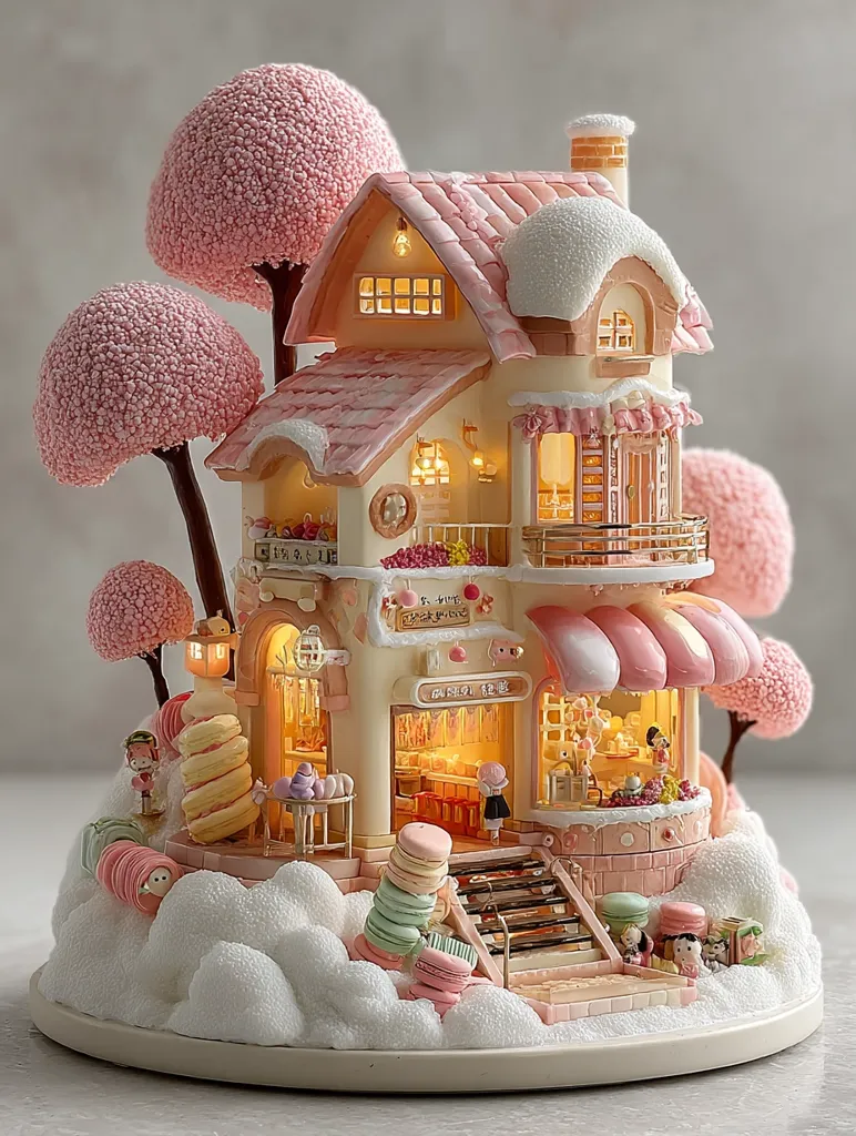 A miniature, snow-dusted bakery sits nestled amongst pastel pink trees.  The two-story building is adorned with pink icing-like details and features warm interior lighting.  Stacks of pastel macarons are scattered around the base, along with tiny figurines. The scene is whimsical and charming, evoking a sense of warmth and sweetness.