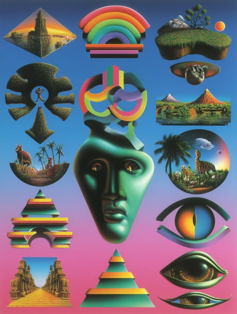 A vibrant, psychedelic collage features various symbolic images against a gradient background.  Geometric shapes like pyramids and rainbows intertwine with surreal landscapes, floating islands, and stylized eyes.  A central, green, mask-like face connects the upper and lower halves.  Animals and ancient architecture are incorporated, creating a dreamlike, almost otherworldly, composition.  The overall style is reminiscent of 1980s or 1990s art.