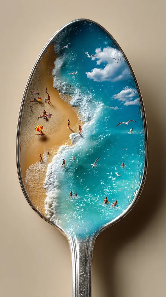 A spoon reflects a miniature beach scene. Tiny figures relax on the sandy shore, swim in the turquoise ocean, and birds fly overhead.  Waves gently crash, creating a vibrant contrast between the calm beach and the active ocean. The image is a surreal juxtaposition of the everyday object and the idyllic vacation setting.