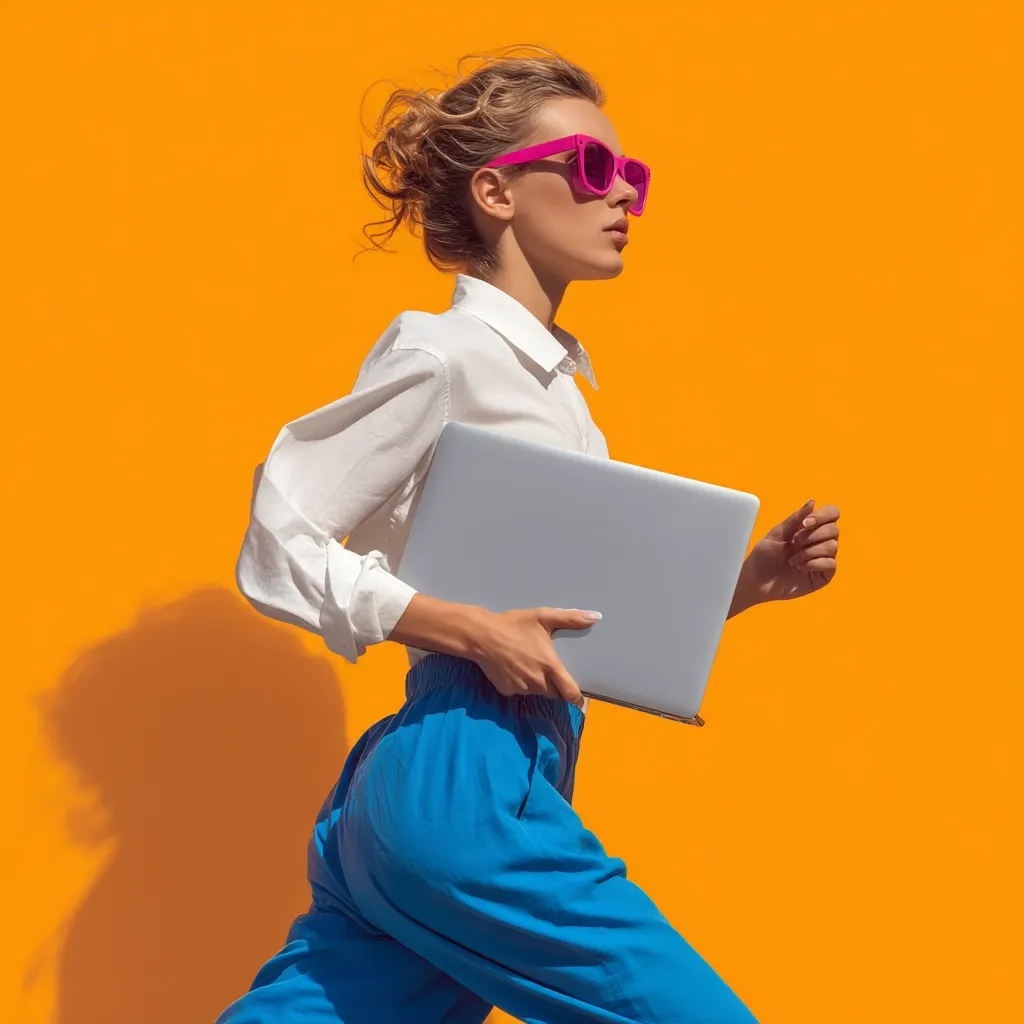 A stylish woman with blonde hair in a bun, wearing a white shirt, bright blue pants, and pink sunglasses, strides confidently against a vibrant orange background. She carries a silver laptop, her posture suggesting dynamism and purpose. The image evokes a sense of modern, energetic professionalism.