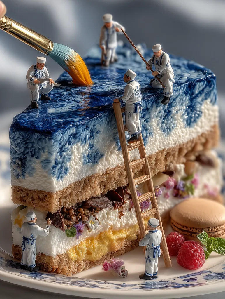 Miniature figures decorate a layered cake.  One figure paints a blue design onto the top layer with a large paintbrush, while others use a ladder and long tools. The cake is multi-layered with cream, chocolate, and edible flowers, complemented by macarons and raspberries on a decorative plate.  The scene is whimsical and detailed, showcasing meticulous artistry.