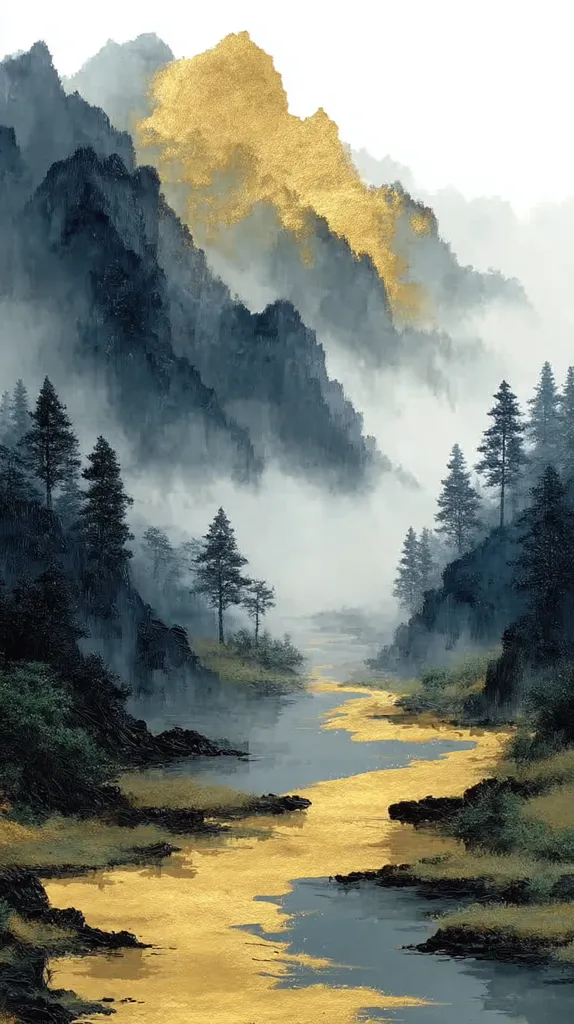 A serene landscape painting showcases a river meandering through a misty valley.  Dark, mountainous terrain, accented with gold, rises in the background.  Evergreen trees line the riverbanks, adding depth and tranquility to the scene.  The overall palette is muted blues and greens, contrasted by the striking gold highlights, creating a sense of calm and ethereal beauty.