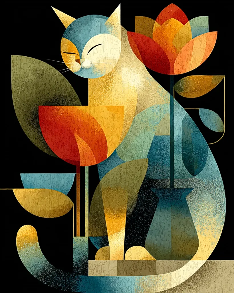 A stylized geometric illustration depicts a serene cat amidst abstract floral elements.  The cat, rendered in warm yellows and blues, appears calm and content.  The flowers, bold and vibrant, feature reds and oranges, contrasting with the cool tones of the cat and vase.  The overall style is reminiscent of Cubism, emphasizing geometric shapes and a muted color palette. The image suggests a quiet, contemplative mood.