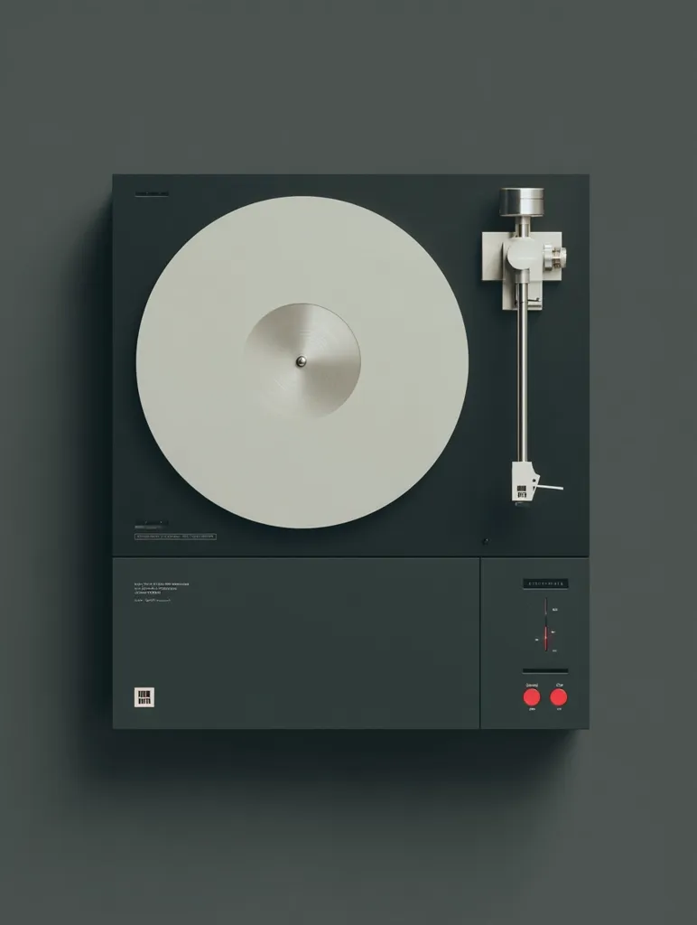 A minimalist dark-grey turntable sits against a matching background.  The off-white record rests on a flat, integrated platter.  A silver tonearm extends from the top right.  Simple controls and a small logo are visible on the unit's face. The design emphasizes clean lines and a muted color palette.