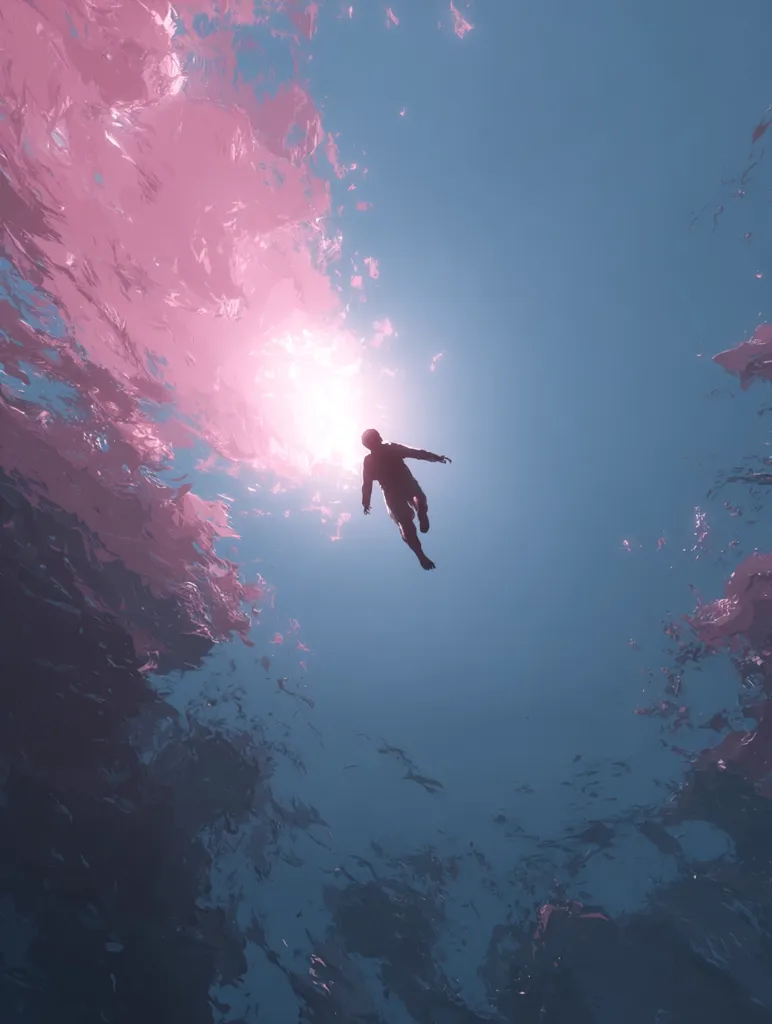 An underwater perspective shows a person silhouetted against a bright, pink-hued sky.  The figure appears to be floating or sinking, arms outstretched. The water is textured, with ripples and currents visible.  The overall mood is serene and dreamlike, with a contrast between the cool underwater blues and the warm, pastel sky above.