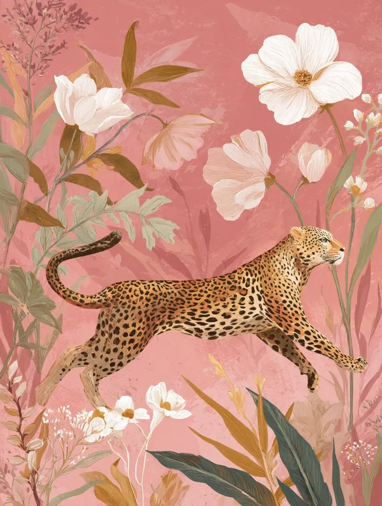 A leaping leopard is depicted in a vibrant pink-toned illustration, surrounded by lush, stylized foliage and large, delicate white flowers. The leopard's spotted coat contrasts beautifully against the soft background, creating a striking visual effect.  The overall aesthetic is both bold and elegant, combining wild animal imagery with a sophisticated floral design. The art style suggests a blend of realism and artistic interpretation.