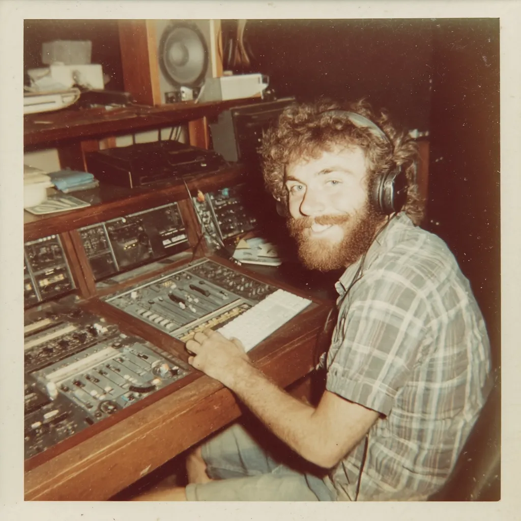 A smiling man with a beard and curly hair sits at a large mixing console in a recording studio.  He wears headphones and a plaid shirt, and operates a keyboard integrated into the console.  The photo is a vintage snapshot, possibly from the 1970s or 80s, showing a retro sound engineering setup.  The image suggests a moment of creative work in a professional audio environment.
