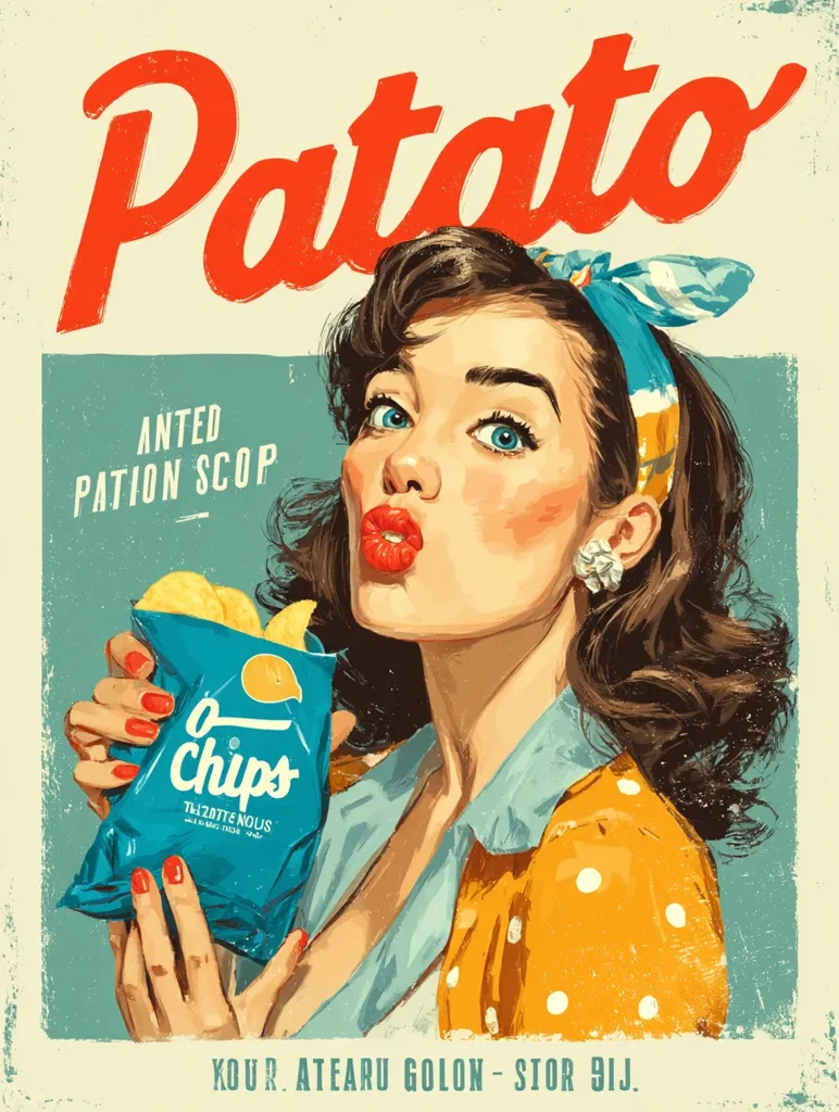 A vintage-style advertisement for "Patato Chips" features a pin-up girl with a playful expression, puckering her lips.  She holds a bag of chips, the packaging in teal with a simple design. The text "ANTED PATION SCOP" is visible, alongside the brand name and a tagline in a foreign language.  The overall aesthetic evokes mid-century advertising.