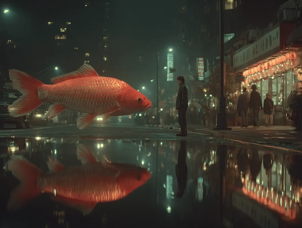 A giant goldfish floats above a rain-slicked city street at night.  A lone figure stands on the sidewalk, seemingly observing the surreal scene.  The city's lights reflect in the puddles, creating a mirrored image of the street and the fish. The overall atmosphere is mysterious and dreamlike, with a blend of urban and fantastical elements.