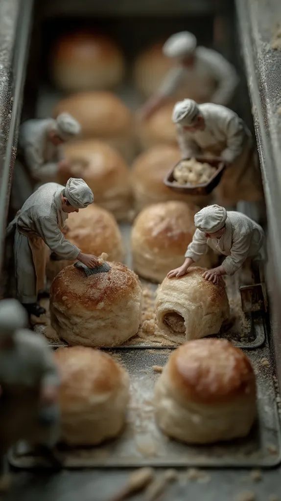 Miniature bakers meticulously craft and dust freshly baked bread rolls in a confined space.  The scene depicts a bustling bakery interior, with numerous rolls of varying sizes and stages of completion. The tiny figures add a whimsical element to the realistic depiction of bread-making. Flour dusts the baking tray, enhancing the overall atmosphere of the image.