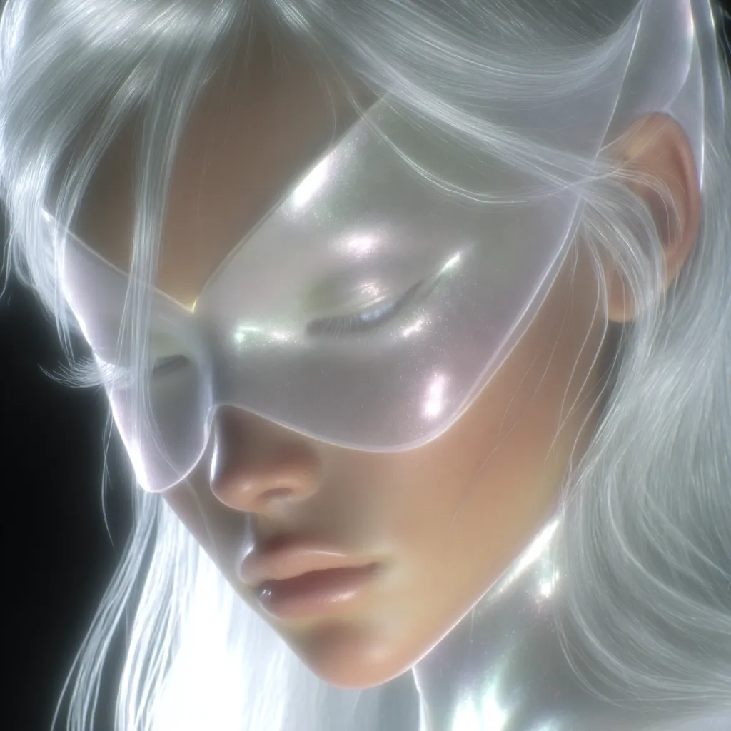 Close-up of a digital rendering depicting a woman with long, flowing white hair.  She wears a translucent, pearly white mask covering her eyes.  The overall aesthetic is ethereal and otherworldly, with soft lighting and a smooth, almost porcelain-like texture to her skin.  Her expression is serene and calm.